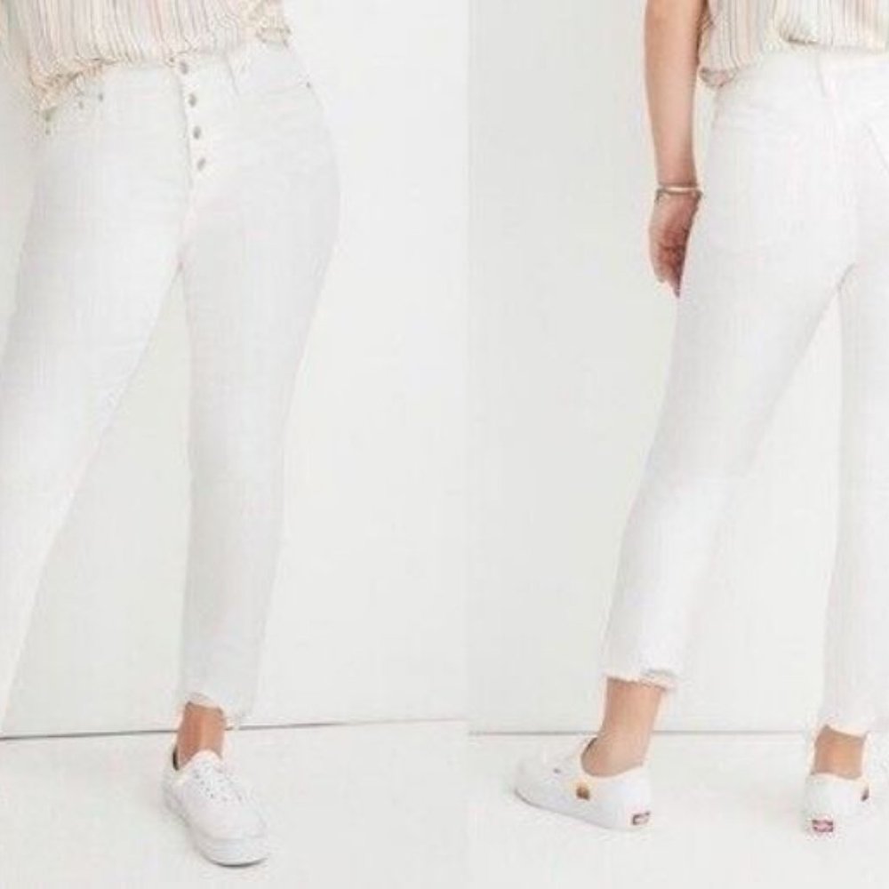 Madewell Distress White Skinny Button Fly Jeans with Raw Hem - Size 25 - Picture 4 of 16